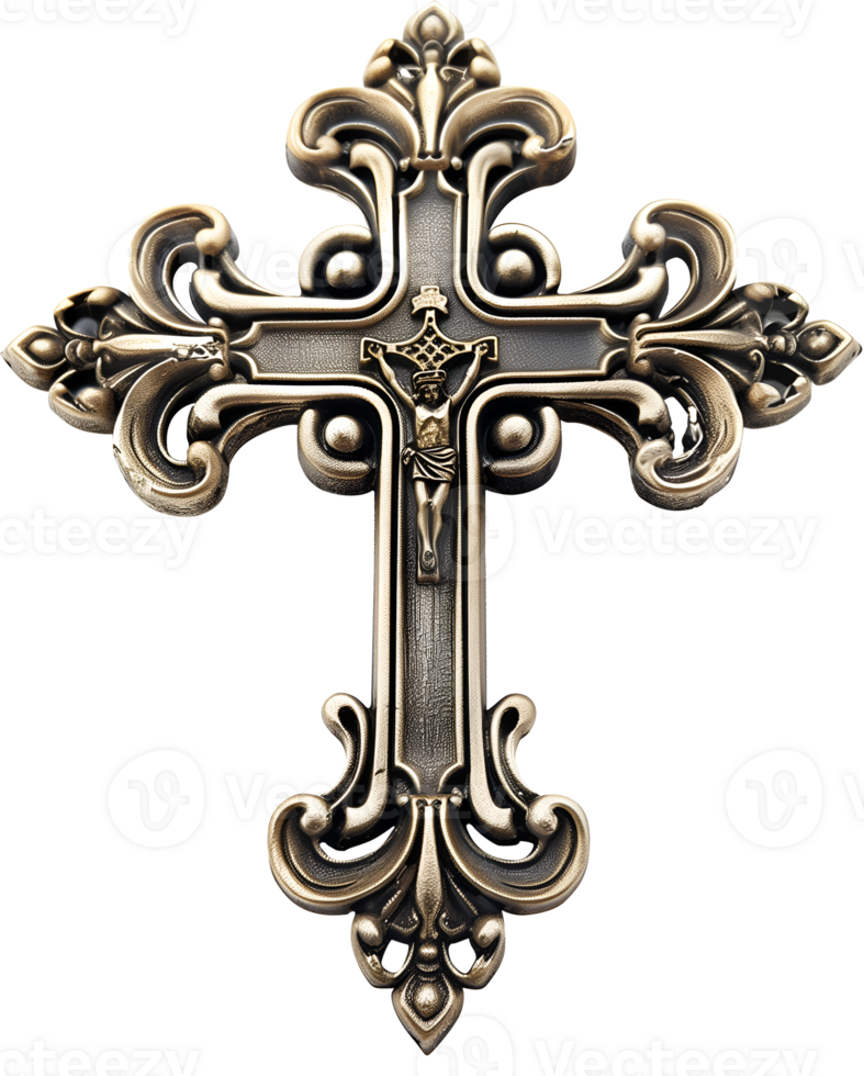 A silver cross with a crucifix on it. The crucifix is Jesus Christ png