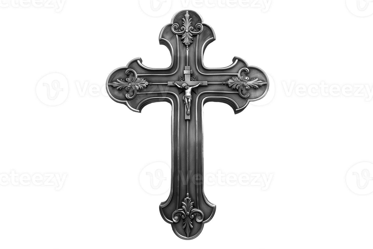 A silver cross with a crucifix on it. The crucifix is Jesus Christ png
