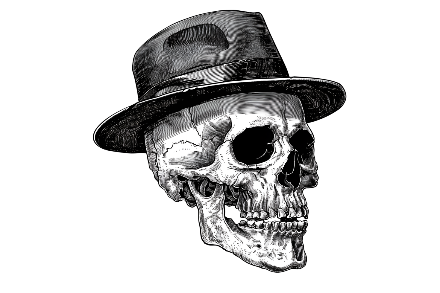 Vintage retro pencil-drawn illustration of a skull in a hat png