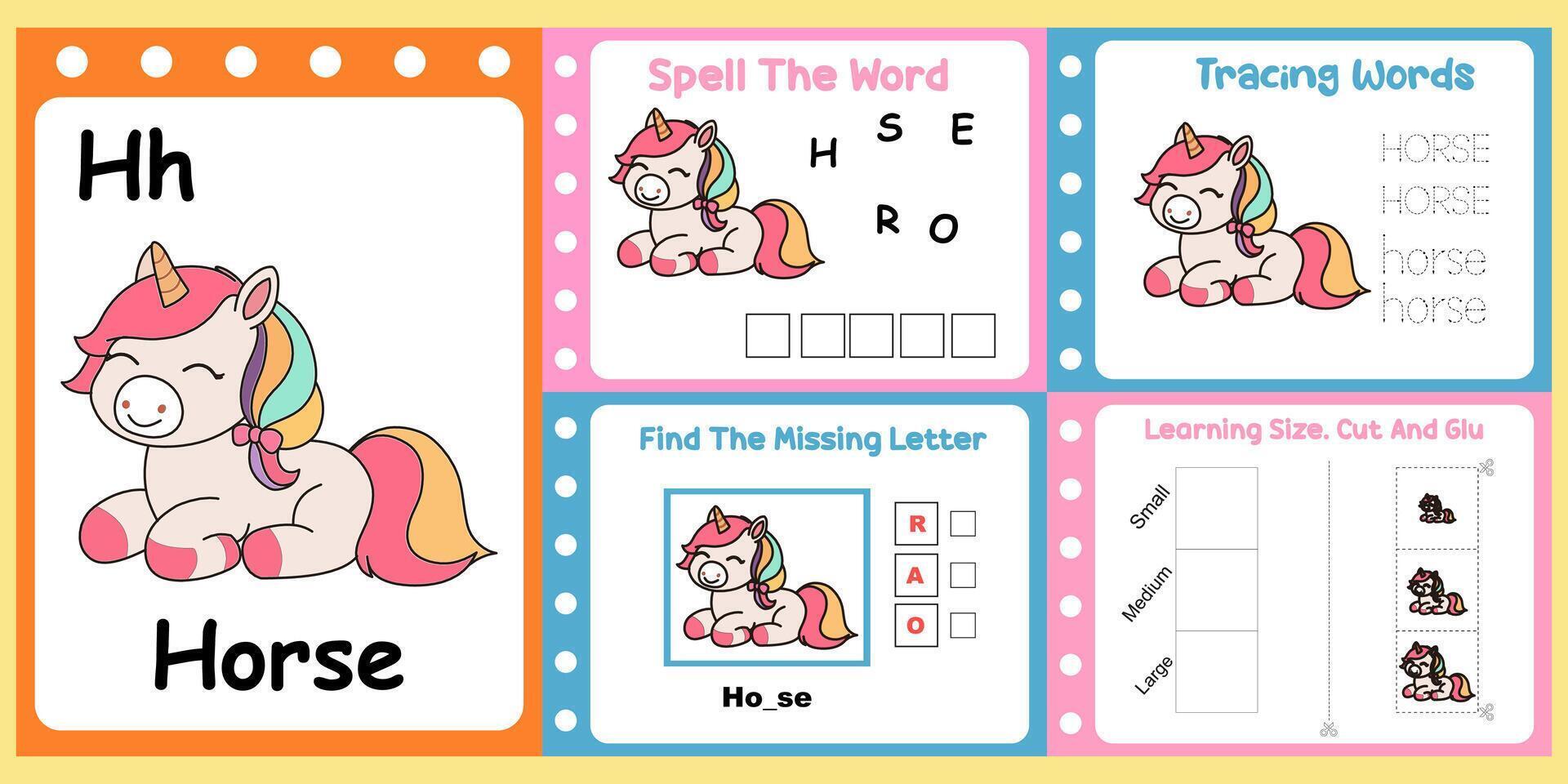 worksheets pack for kids a cute horse . vector