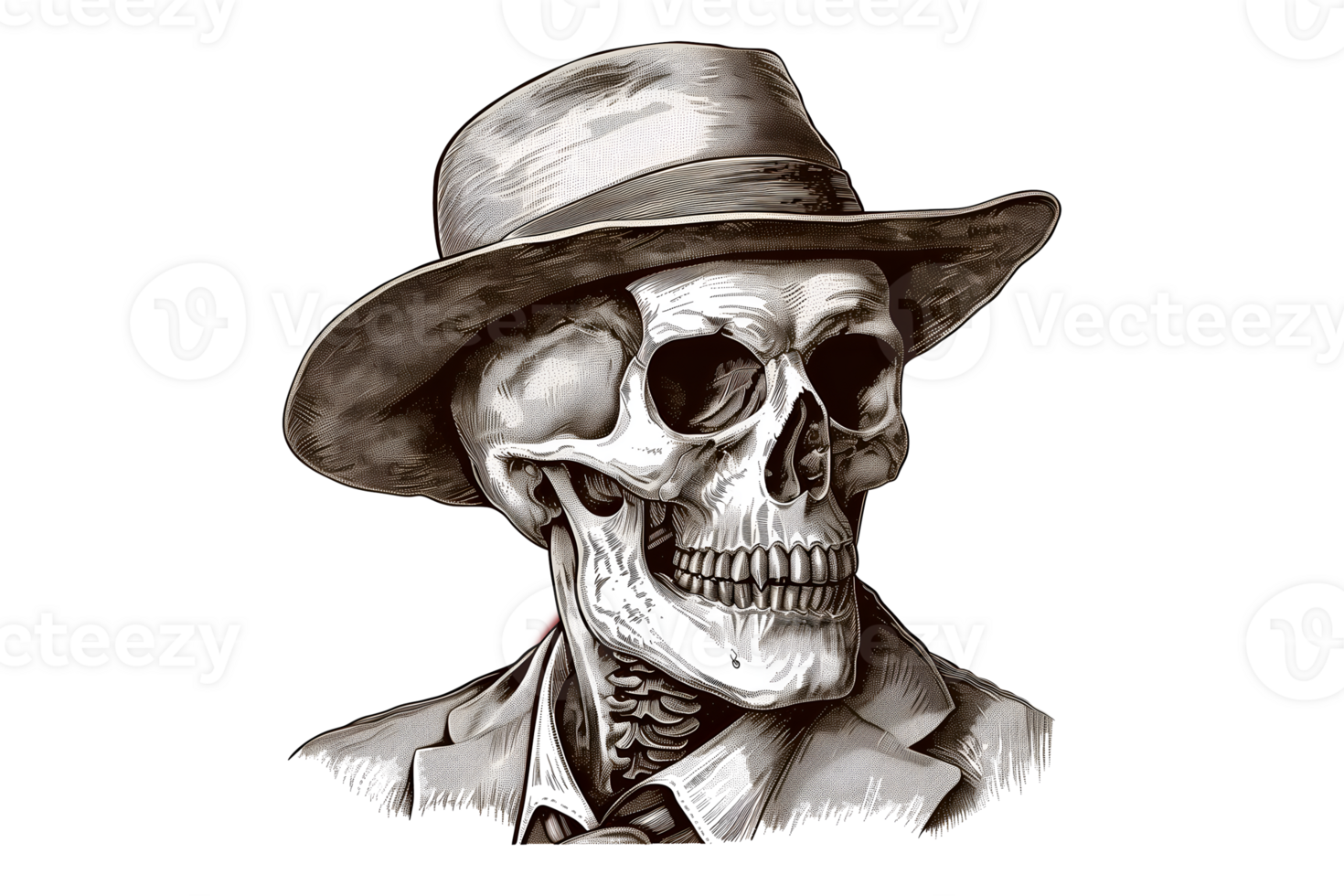 Vintage retro pencil-drawn illustration of a skull in a hat png
