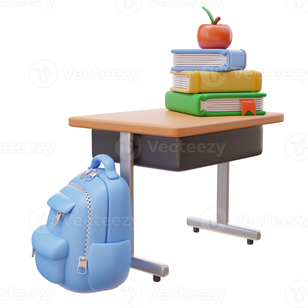 3D Education Concept Icon. School desk with Stack of Books. School Bag. School Concept. Back to school. 3d render illustration png
