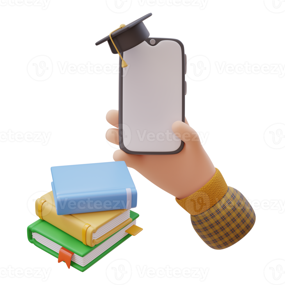 3D Education Concept Icon. Hand Holding Smartphone with Mortarboard. Stack of book. School Concept. Back to school. 3d render illustration png