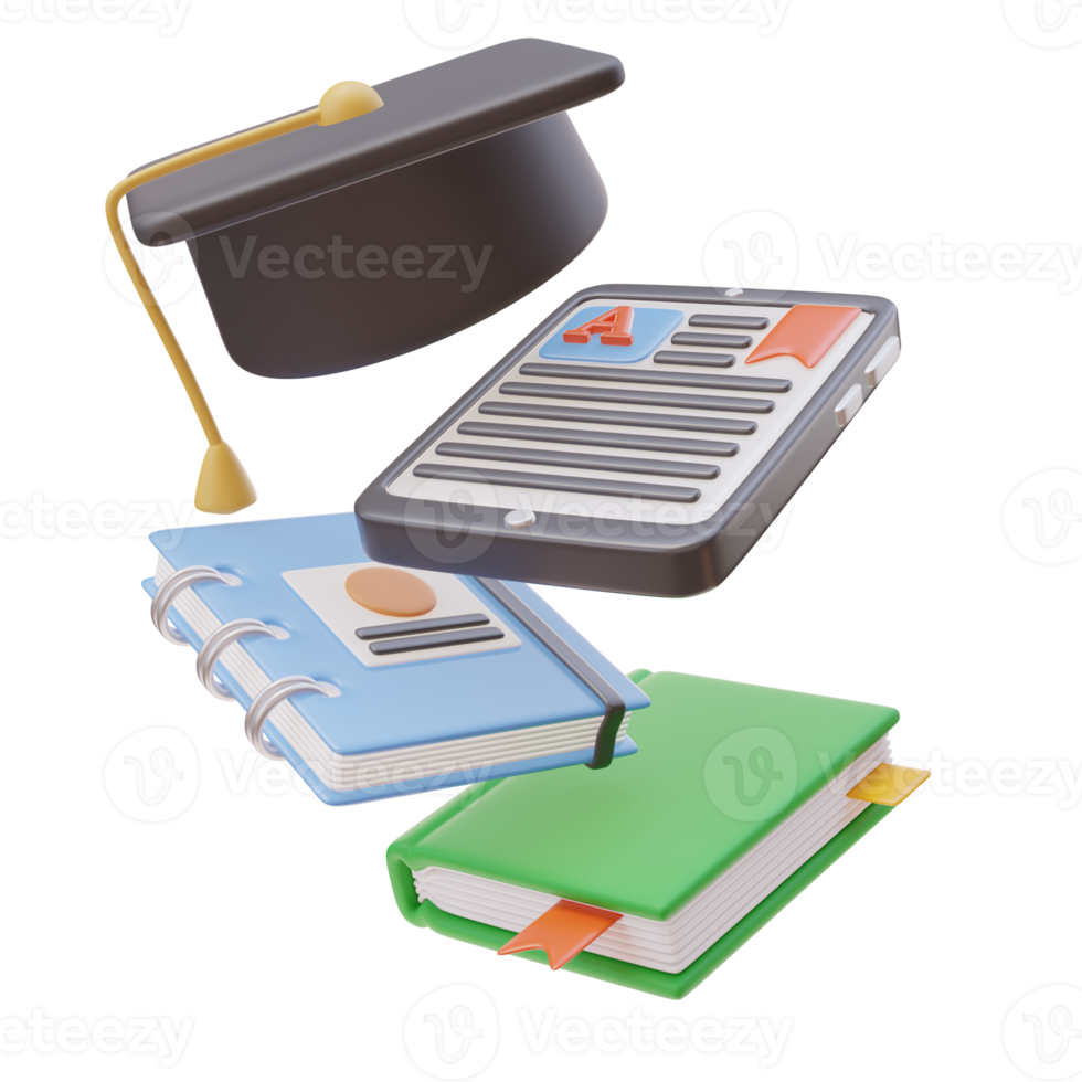 3D Education Concept Icon. Flying Mortarboard Book Notebook Ebook. School Concept. Back to school. 3d render illustration png