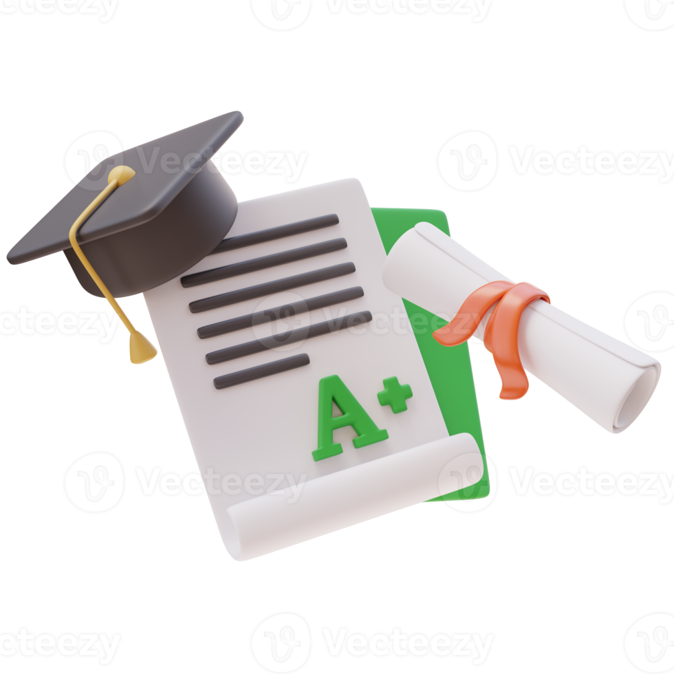 3D Education Concept Icon. Perfect Grade Exam with Certificate and Mortarboard. School Concept. Back to school. 3d render illustration png