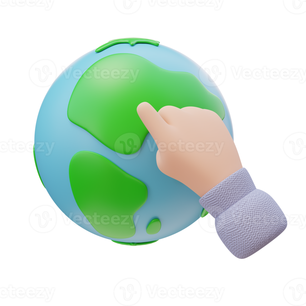 3D Education Concept Icon. Human Hand Pointing on Globe Planet Earth. School Travel Concept. 3d render illustration png
