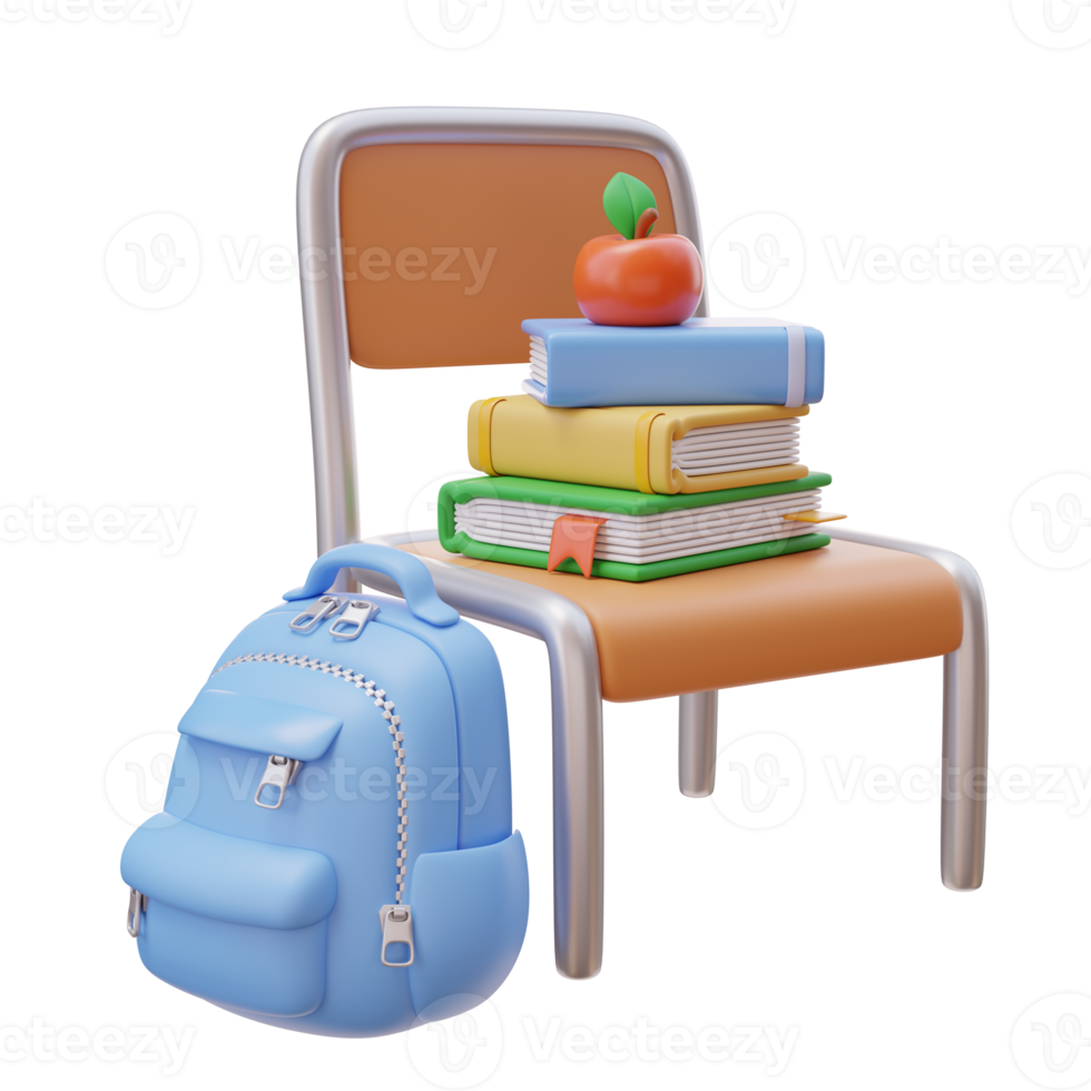 3D Education Concept Icon. School chair with Stack of Books. School Bag. School Concept. Back to school. 3d render illustration png