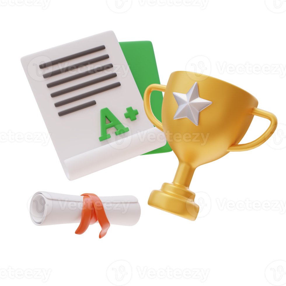 3D Education Concept Icon. Flying Perfect Grade, Trophy Cup and Certificate. School Concept. Back to school. 3d render illustration png