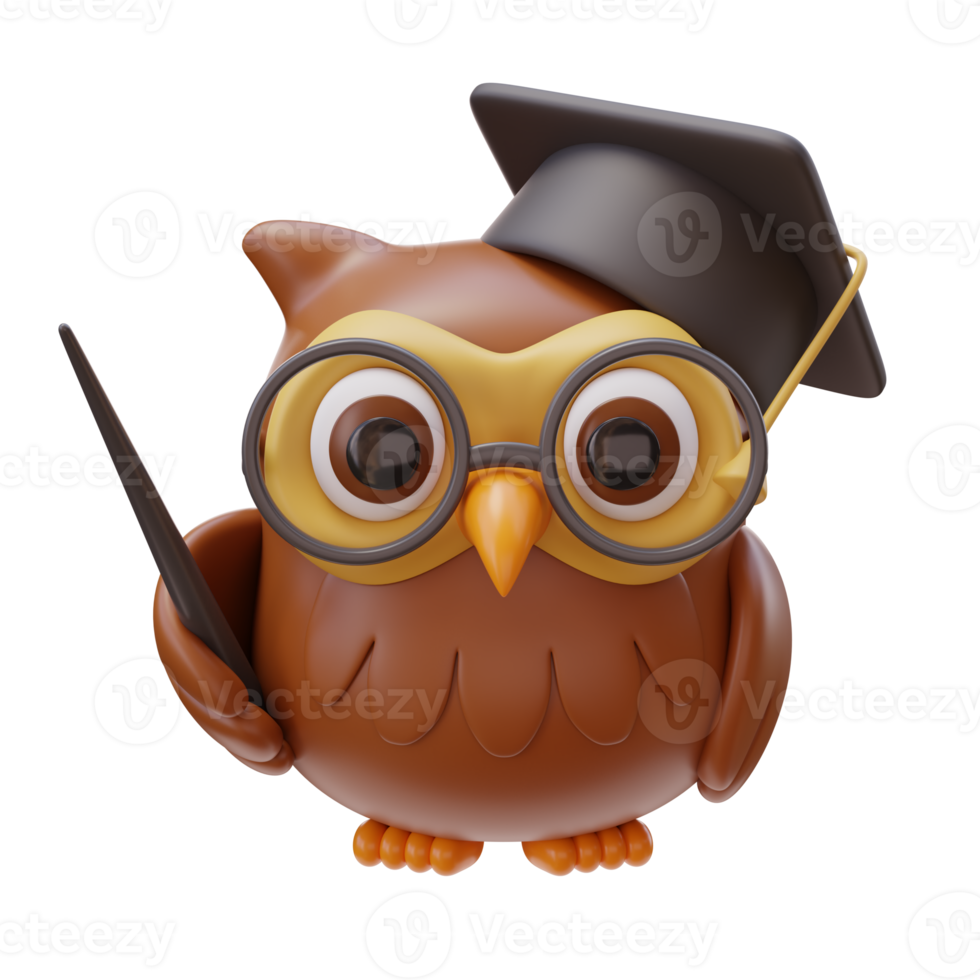 3D Education Concept Icon. Owl character in glasses and Mortarboard. Clever Bird Icon, education design, symbol of wisdom. Back to school. 3d render illustration png