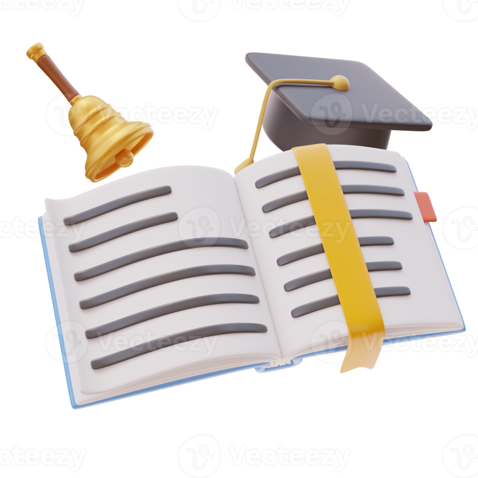 3D Education Concept Icon. Flying Open Book with bookmark, Bell, Mortarboard. School Concept. Back to school. 3d render illustration png