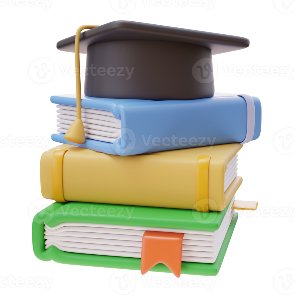3d stack of books and Mortarboard. School library, education concept. Back to school concept. 3d render illustration png