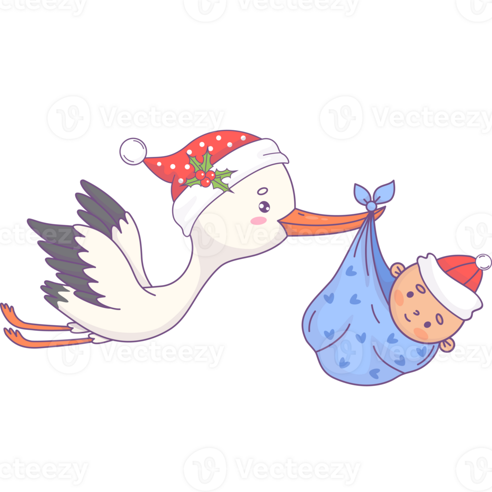 Christmas flying stork in Santa hat and newborn boy png