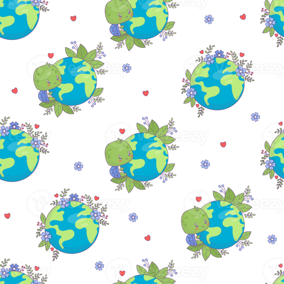 Ecology seamless pattern. Cute turtle with planet Earth png