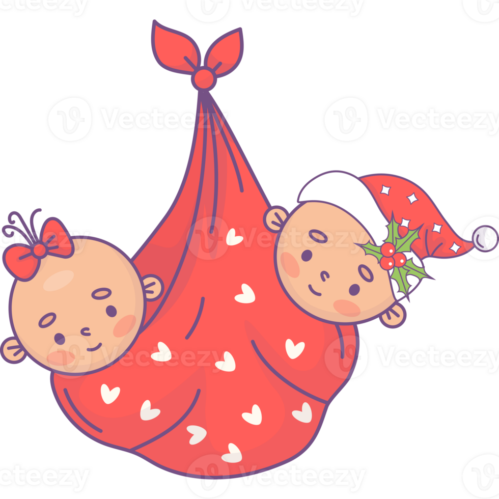 Christmas newborn twins girl and boy in Santa hat in bundle png