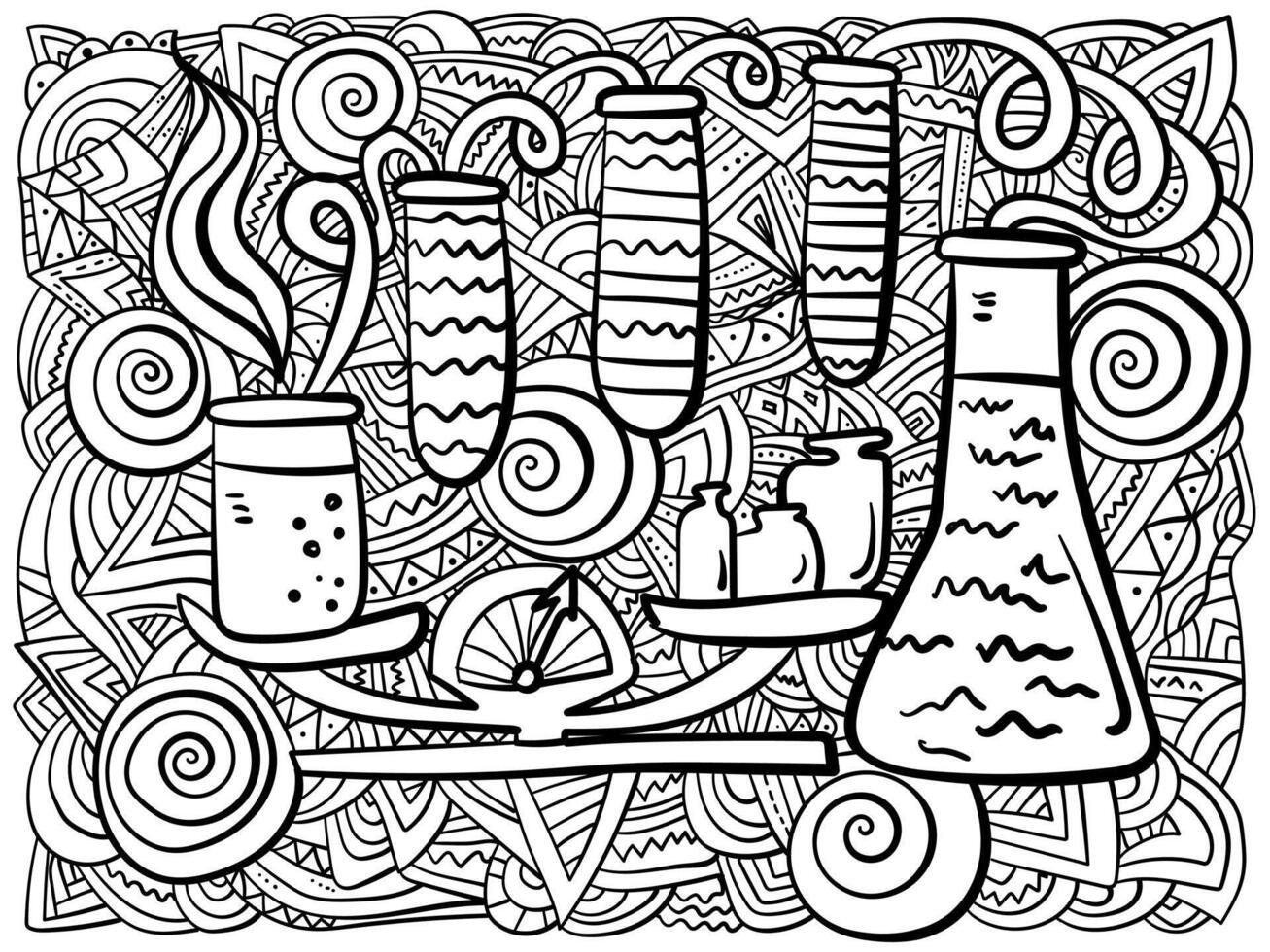 Creative coloring page about science, scales and measured laboratory glassware with fantasy patterns for children and adults vector