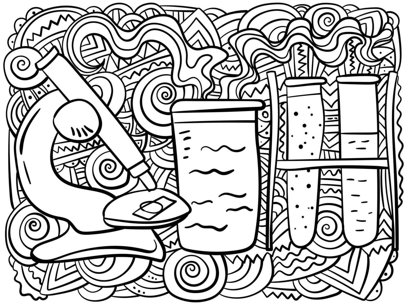 Science horizontal antistress coloring page with microscope, test tubes and patterns vector