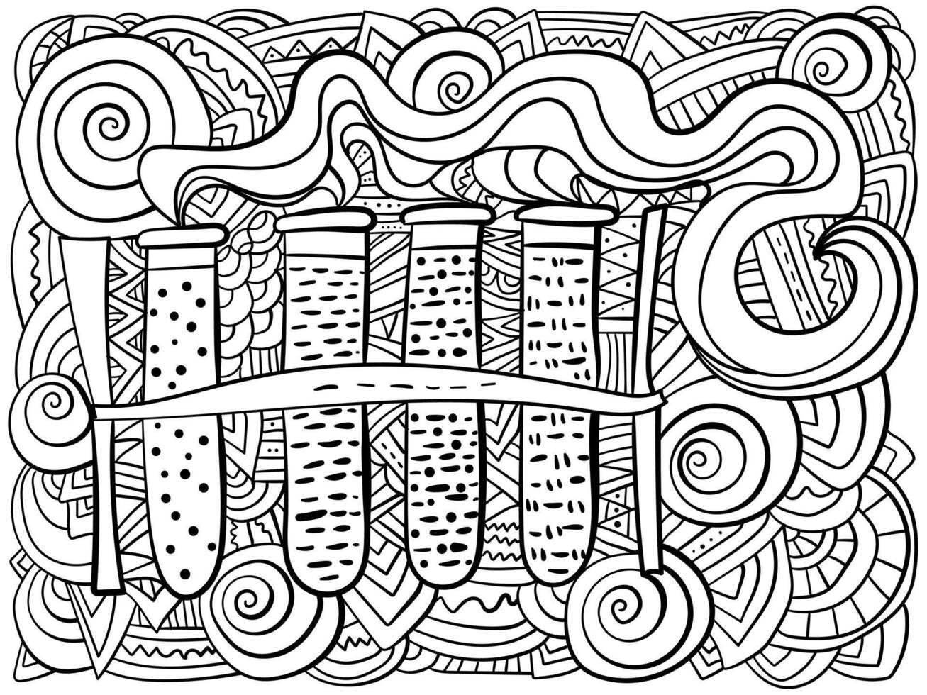 Stand with test tubes and ornate patterns science coloring page vector