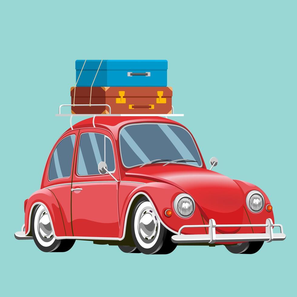 60s classic vintage red small cute car loading luggage on the car roof drawing illustration vector