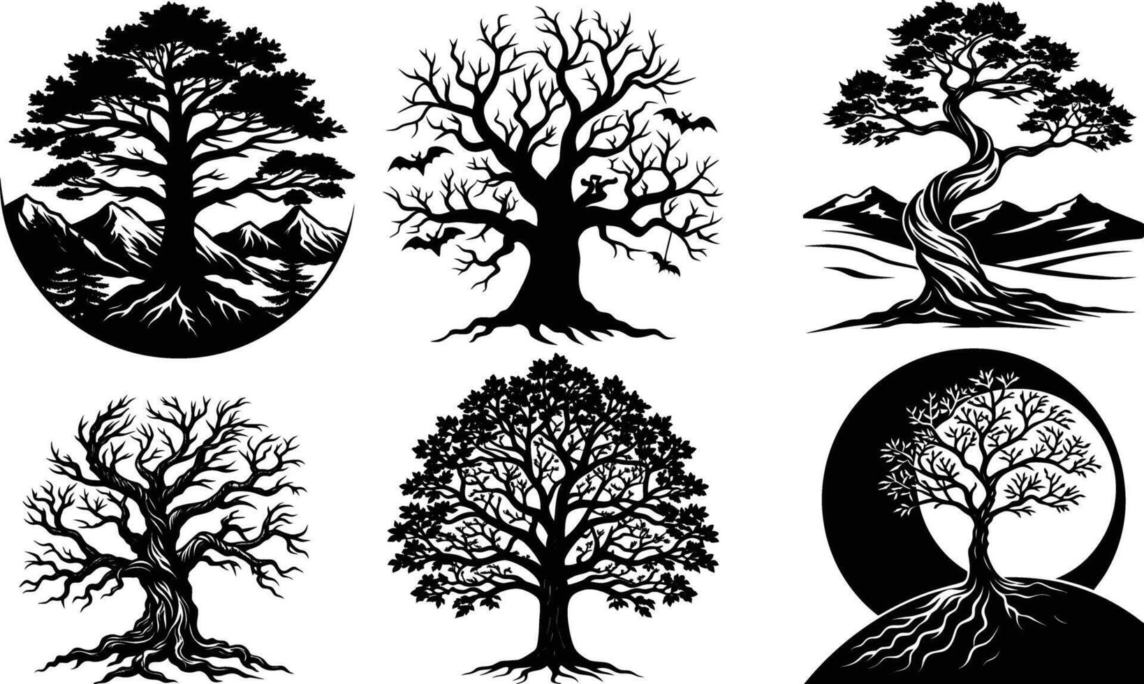 Tree silhouette with a split trunk in a mystical forest vector