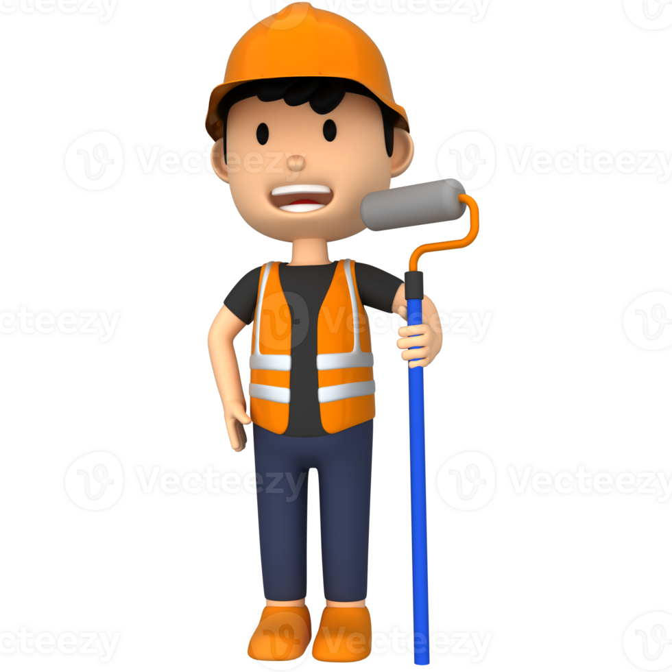 Renovation worker with paint roller, 3d style character png