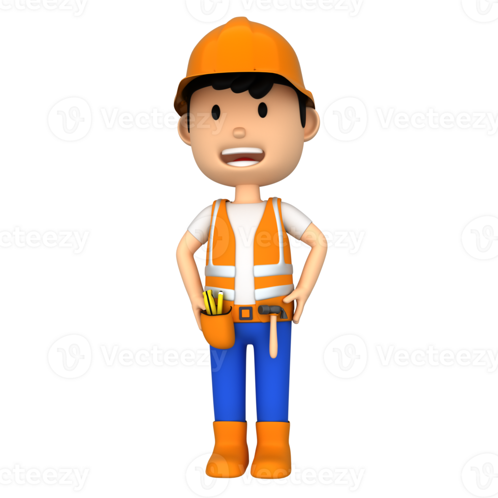 Construction worker with wall leveler, 3d character icon png
