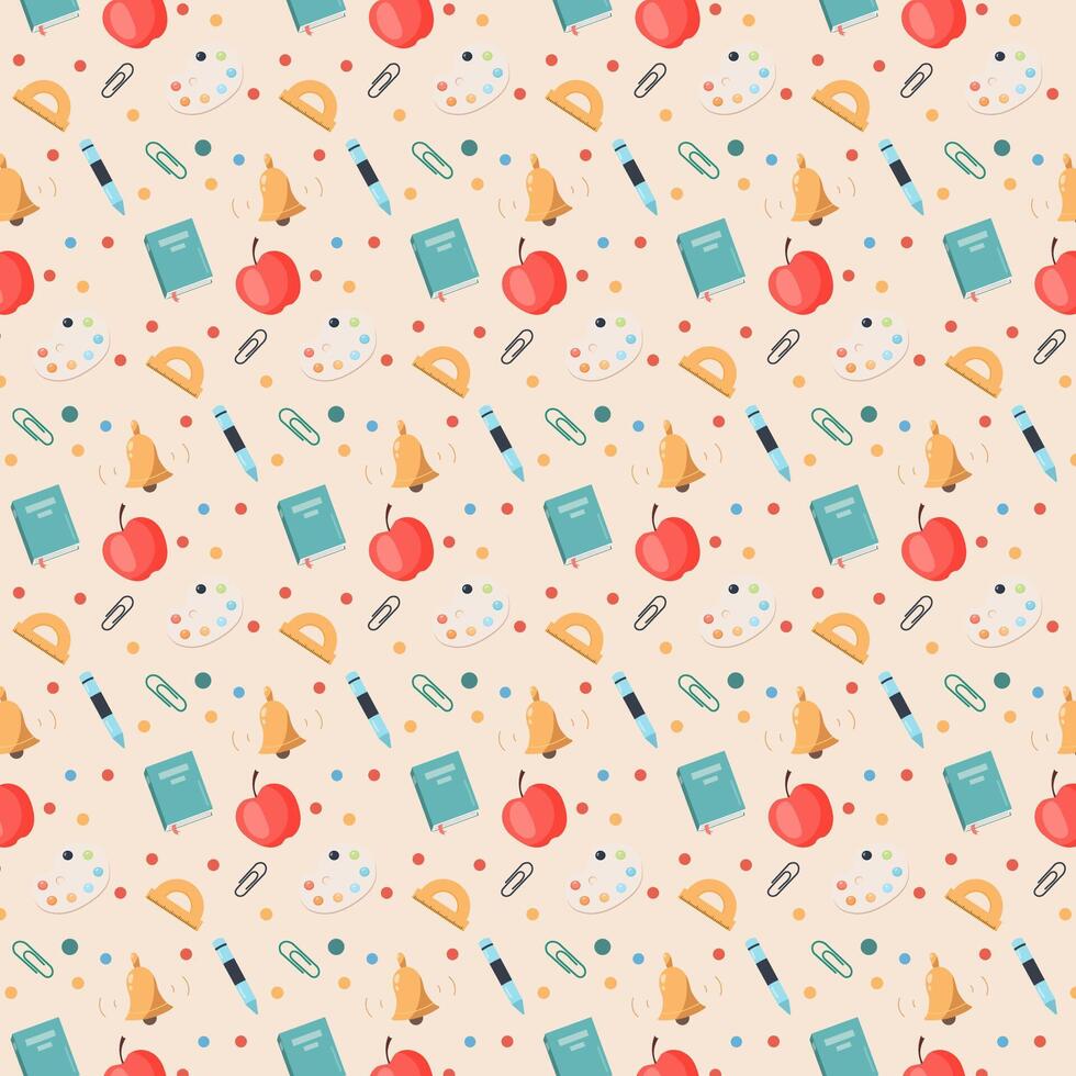 Back to school seamless pattern. Educational digital paper. Cute flat style classroom objects repeating background with supplies, school building, bus, subject icons, books, stationery.. vector