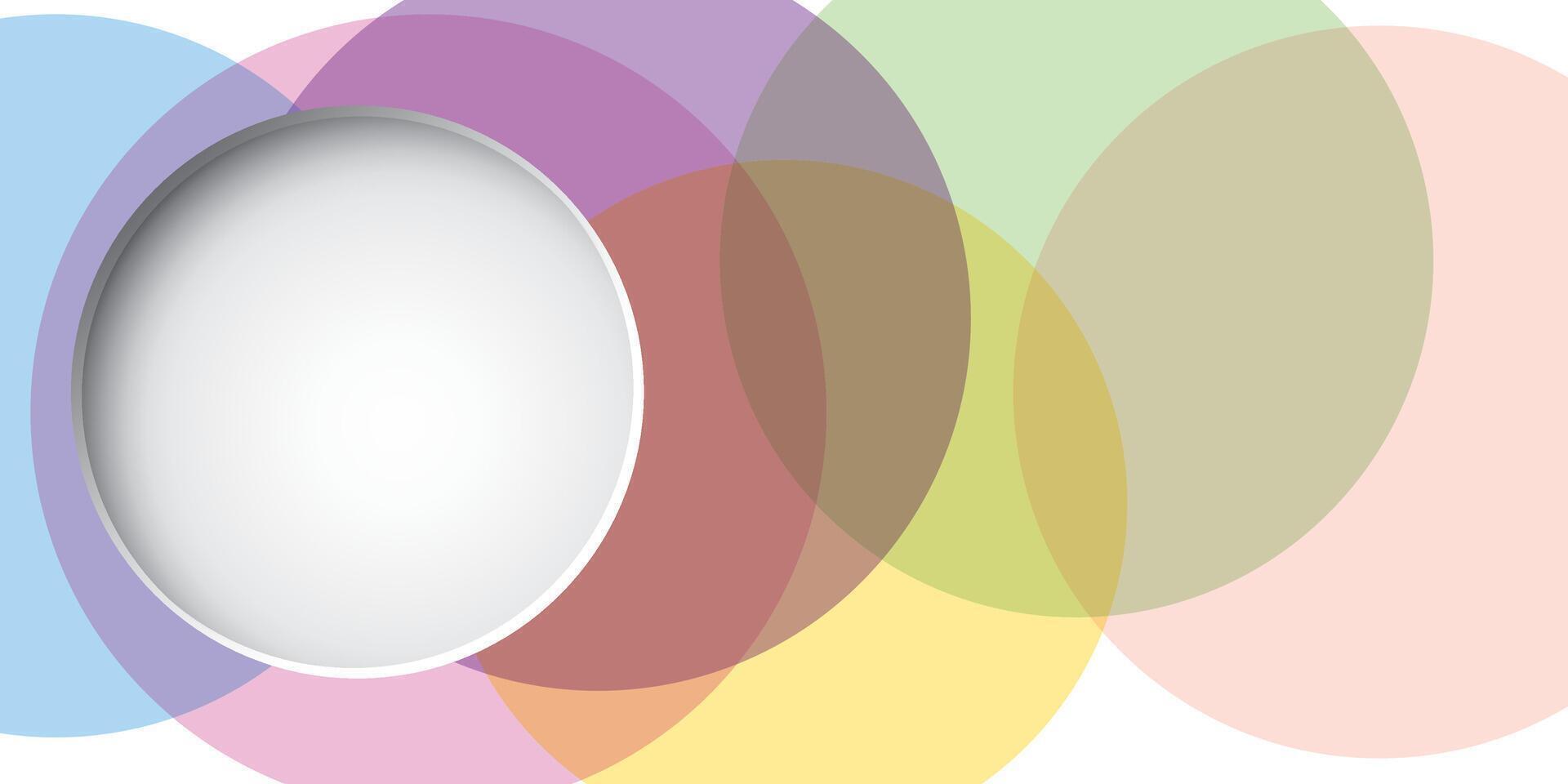 Abstract 3D circle frame paper cut style at left area with pastel geometric shapes transparency overlap graphic illustrations. vector