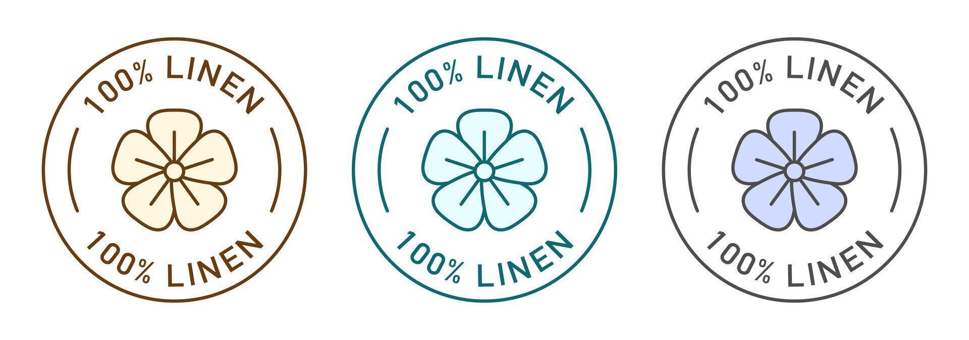 100 percent linen label design for packaging. Linen flower icon. Organic fabric color sticker. vector