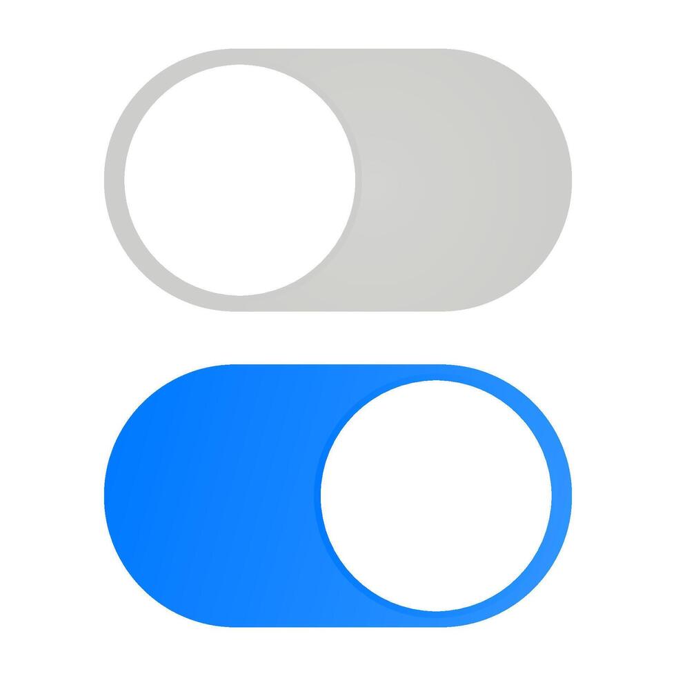On and off icon. Toggle switch symbol. Slide sign. Blue and grey slider . Setting control apple design. vector