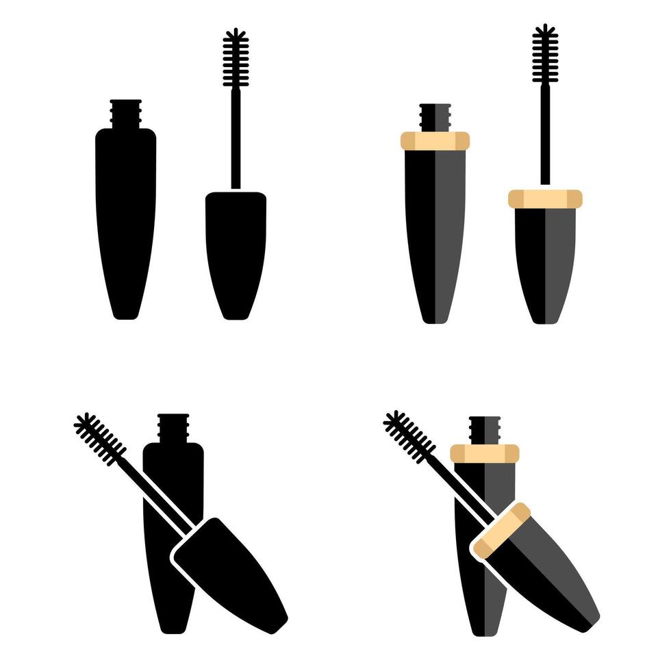 Makeup mascara icon. Open tube of mascara sign. Flat Logo of makeup. Black simple illustration of eyelash brush and container. vector
