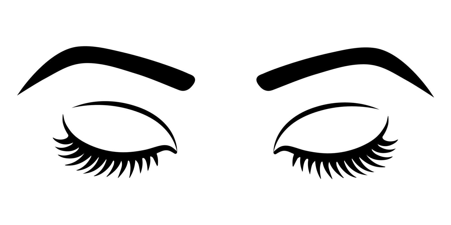 Woman eyes with eyebrows illustration. Elegant eye makeup icon. Mascara lash logo. Closed woman eyes symbol. Long lashes sign. vector