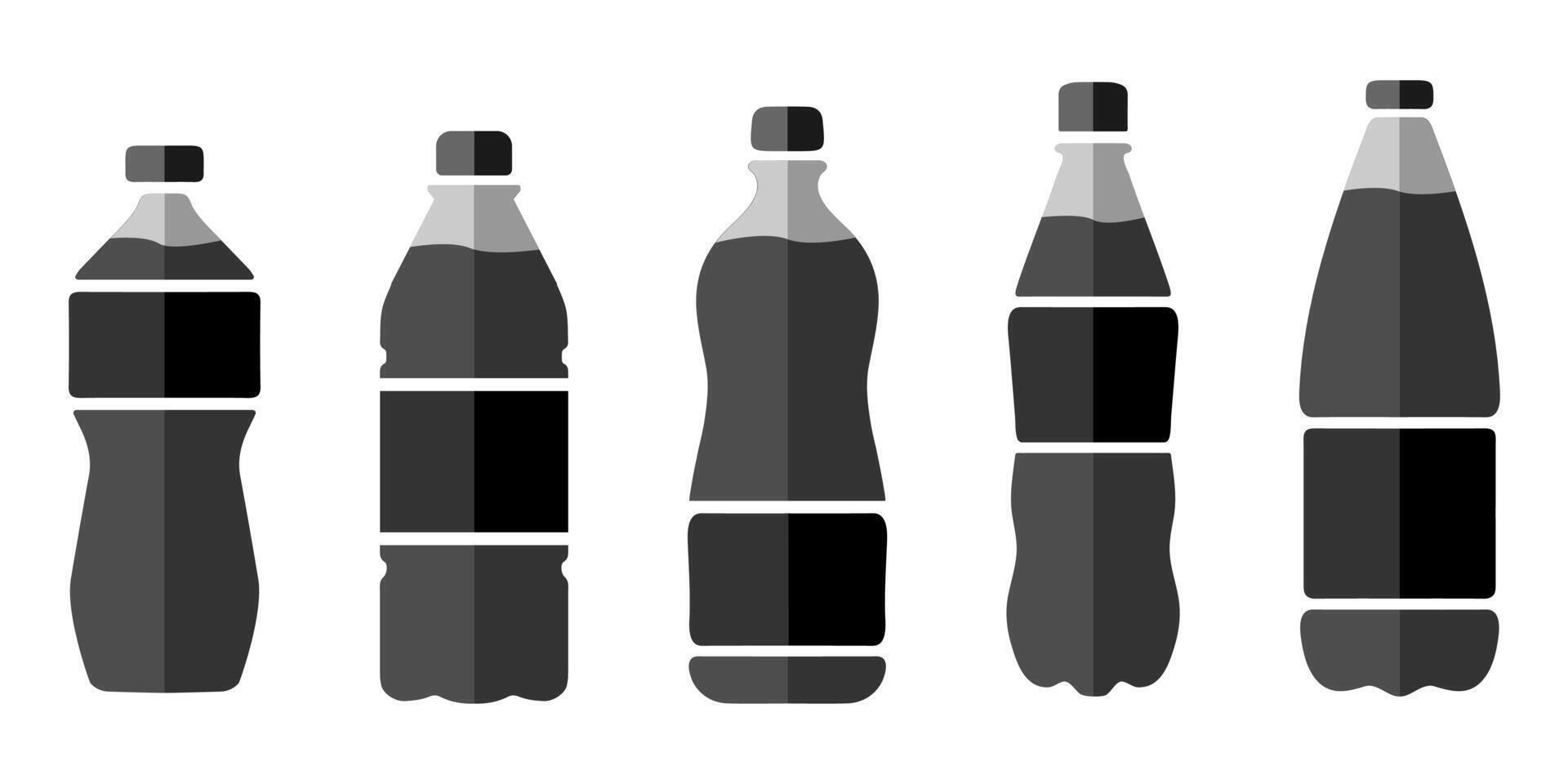 Plastic bottle icon set. Black water bottles type illustration. Bottled beverage symbol. vector