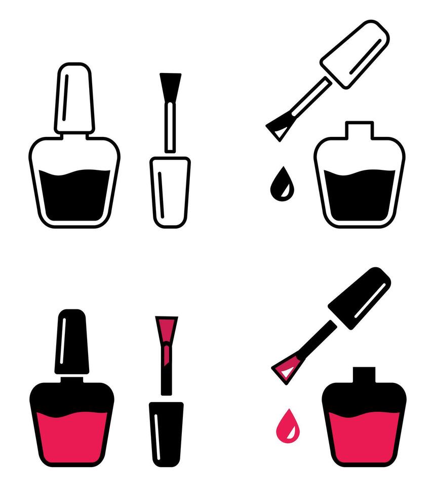 Nail polish open bottle icon. Nail polish pink splash illustration. Open gel bottle and brush symbol. vector