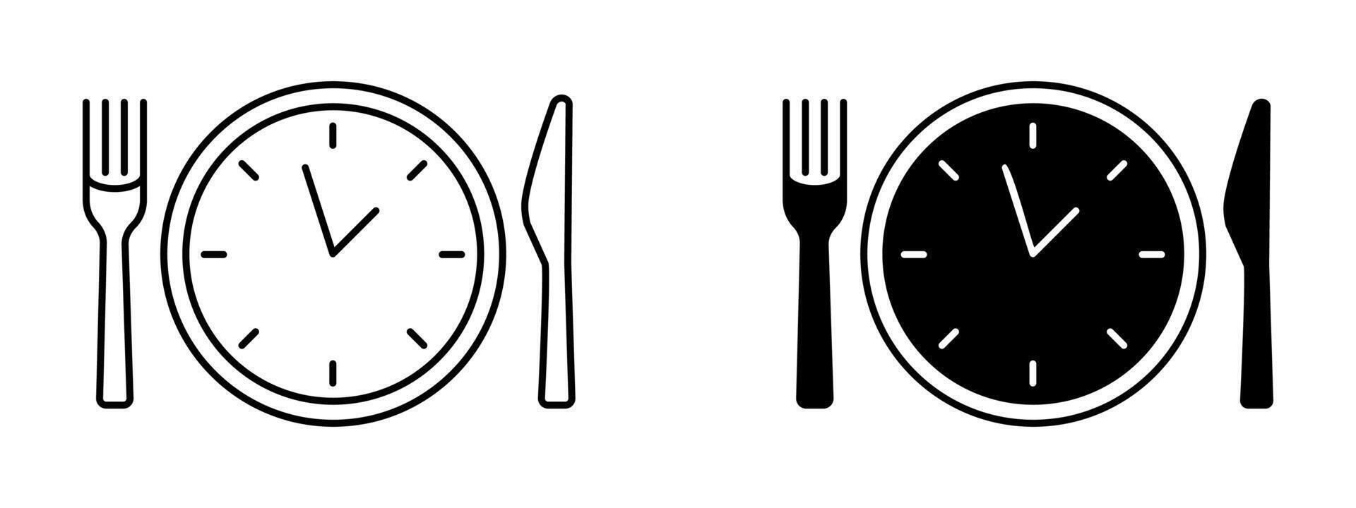 Business lunch icon. Knife, fork and plate with clock illustration. Lunch time symbol. Dinner break sign. vector
