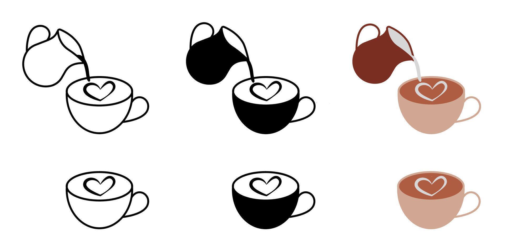 Latte art illustration. Coffee with milk color icon. Pouring milk symbol. Heart shape milk art. vector
