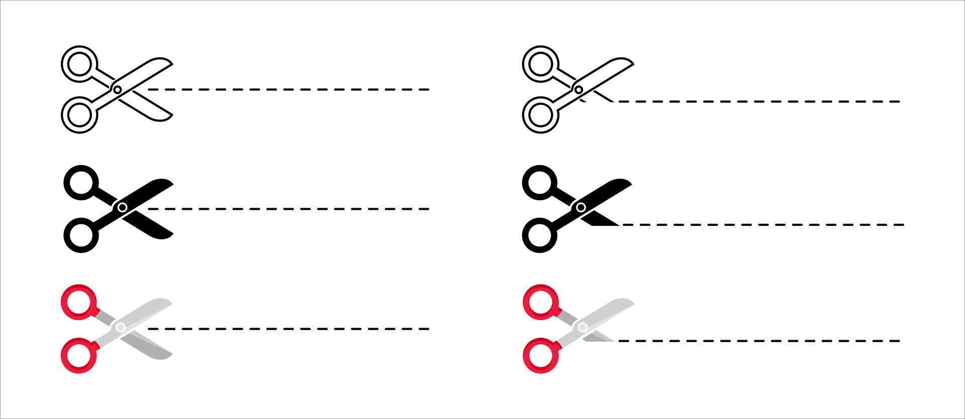 Open scissors line icon set. Red scissors symbol. Cut it sign. Cut line illustration. vector
