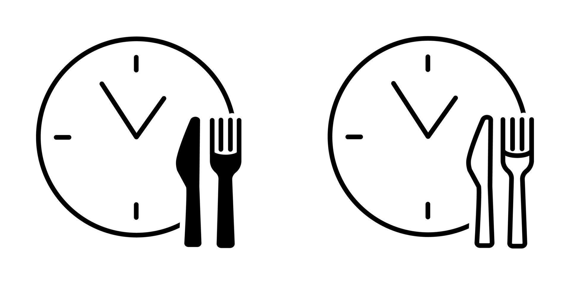 Business lunch icon. Knife, fork and plate with clock illustration. Lunch time symbol. vector