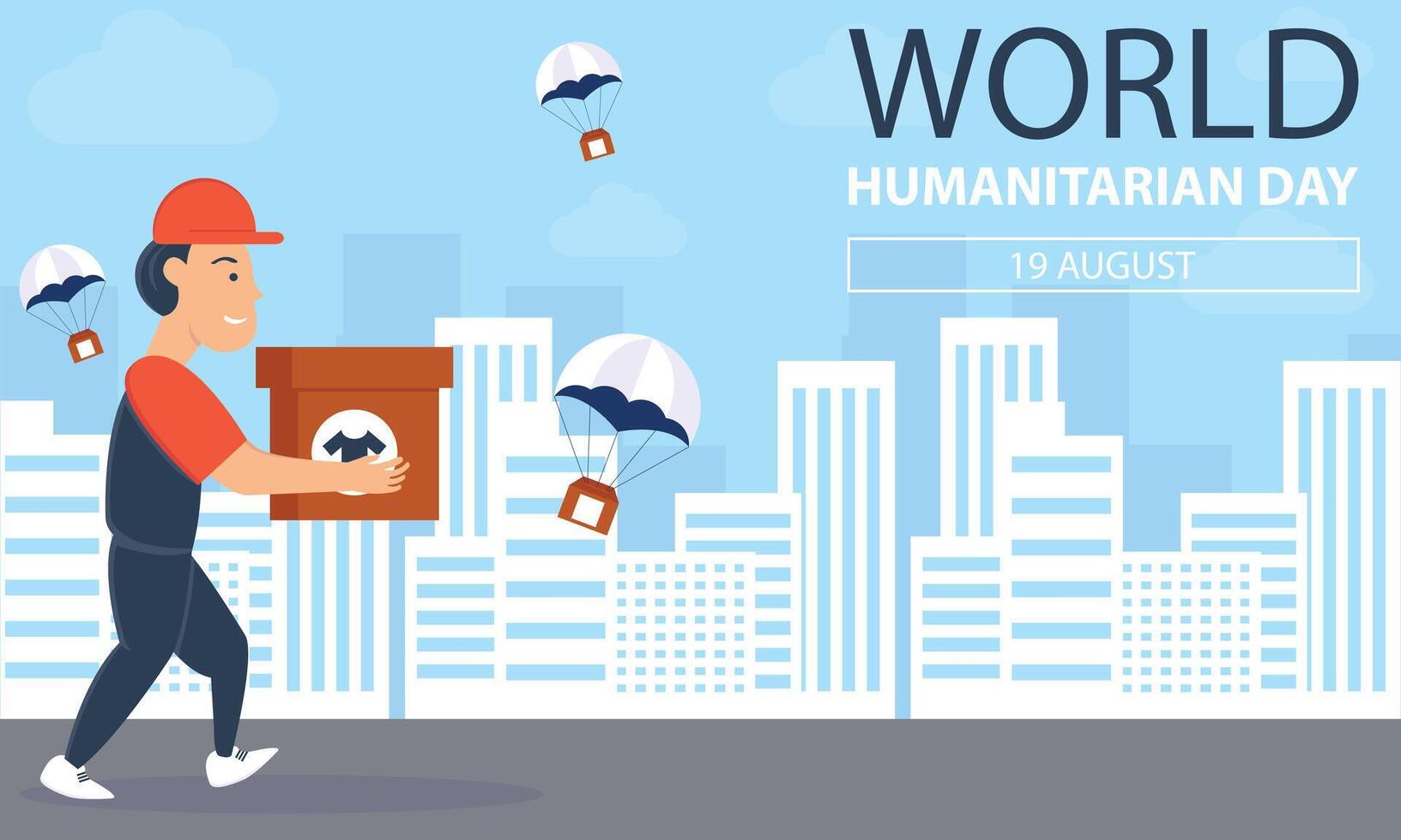 illustration graphic of a man carrying a cardboard box falls from the sky, revealing a skyscraper, perfect for international day, world humanitarian day, celebrate, greeting card, etc. vector