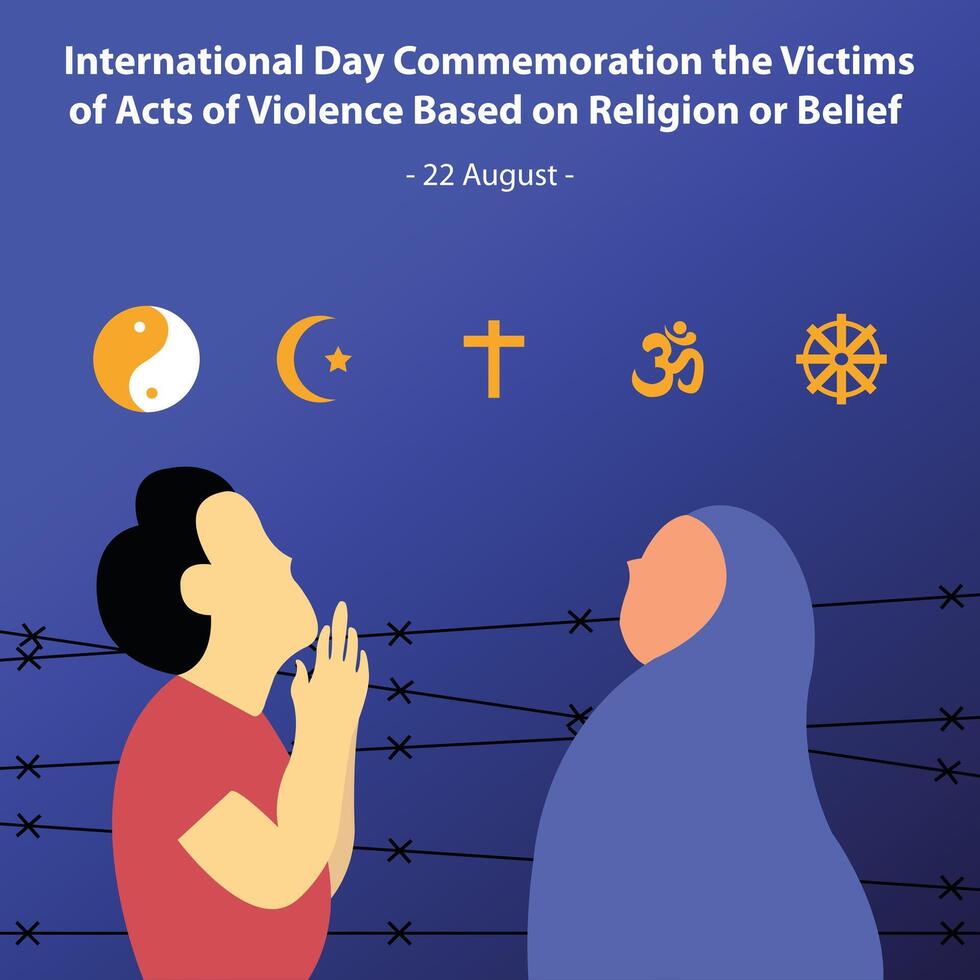 illustration graphic of a couple is praying, displaying symbols of different religions, perfect for international day, commemoration the victims, acts, violence based, religion or belief. vector