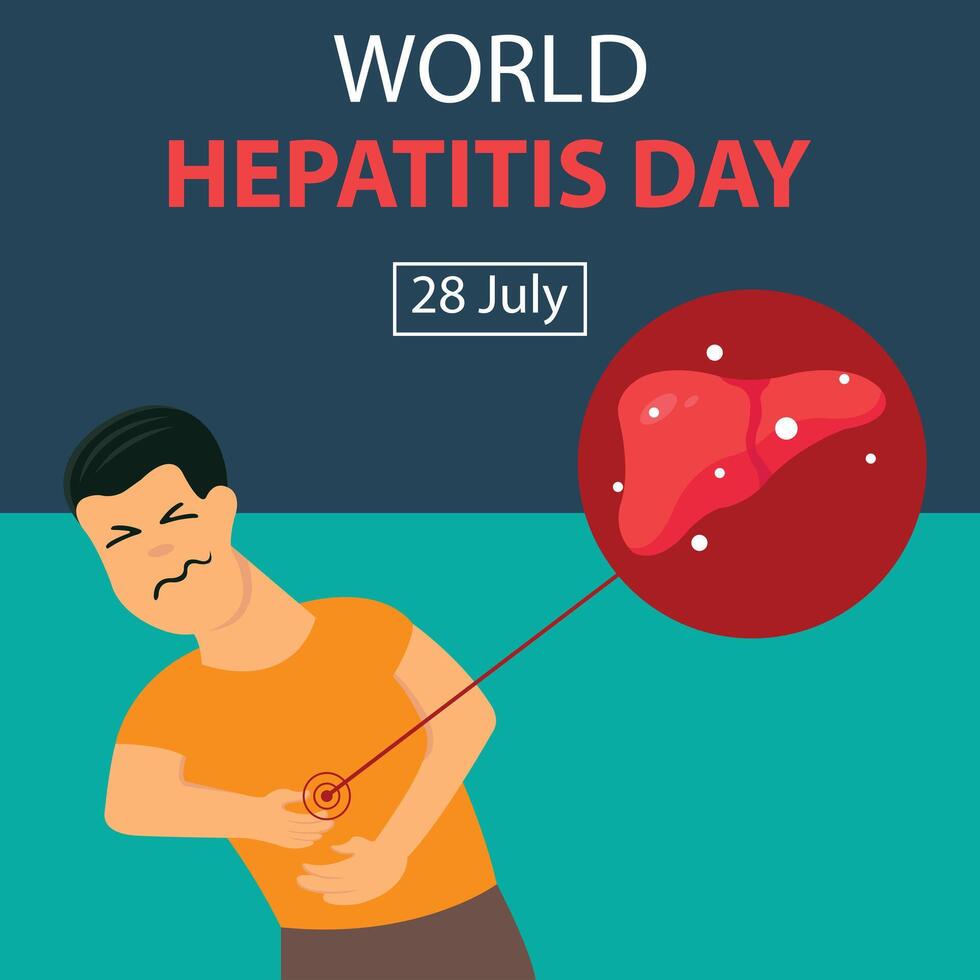 illustration graphic of a man is in pain holding his solar plexus, perfect for international day, world hepatitis day, celebrate, greeting card, etc. vector