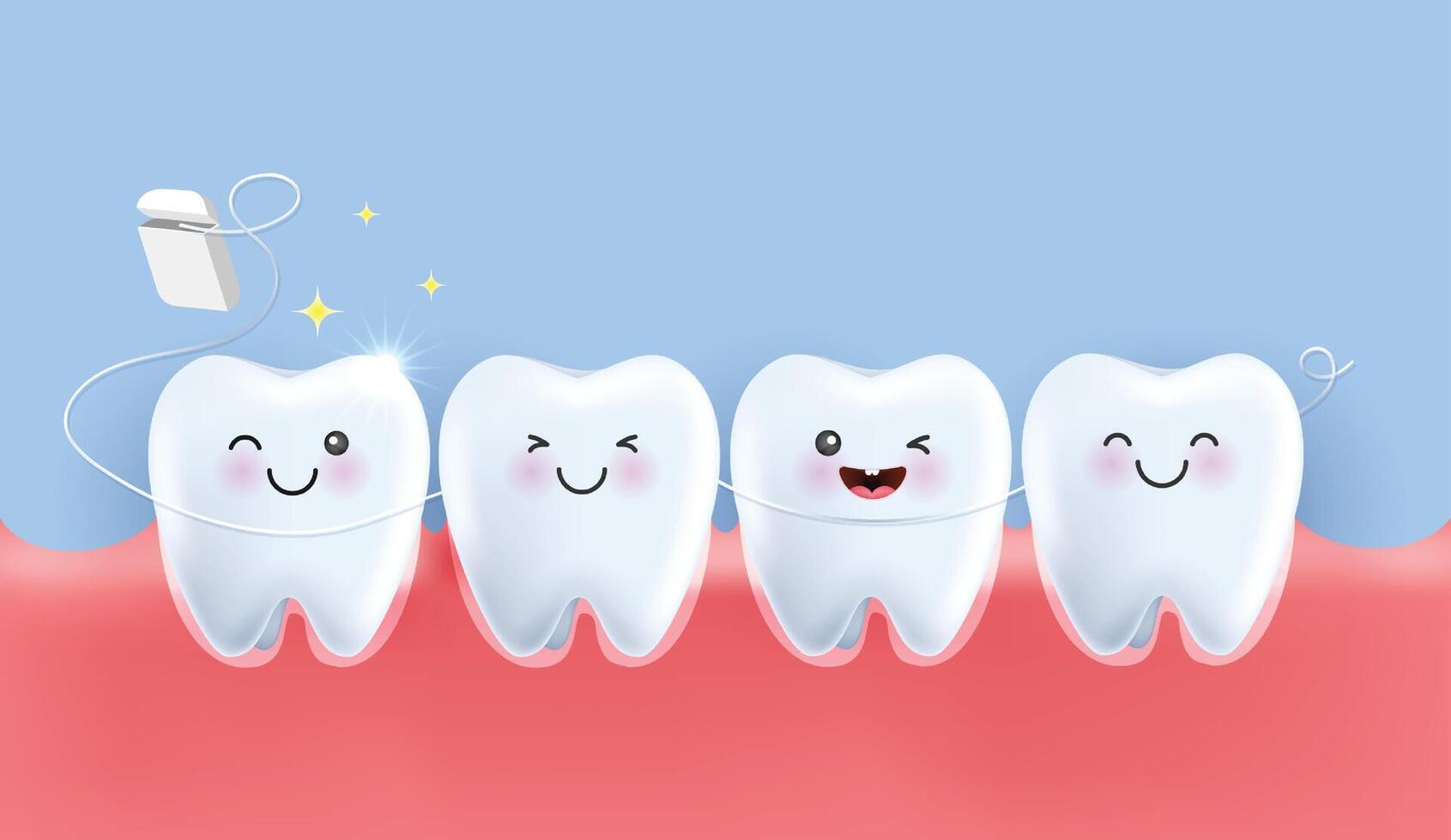 Teeth dental floss. flossing your teeth. dental health concept. can be used in children dentist clinic. medical health and dentistry concept. cartoon dental character. design. vector