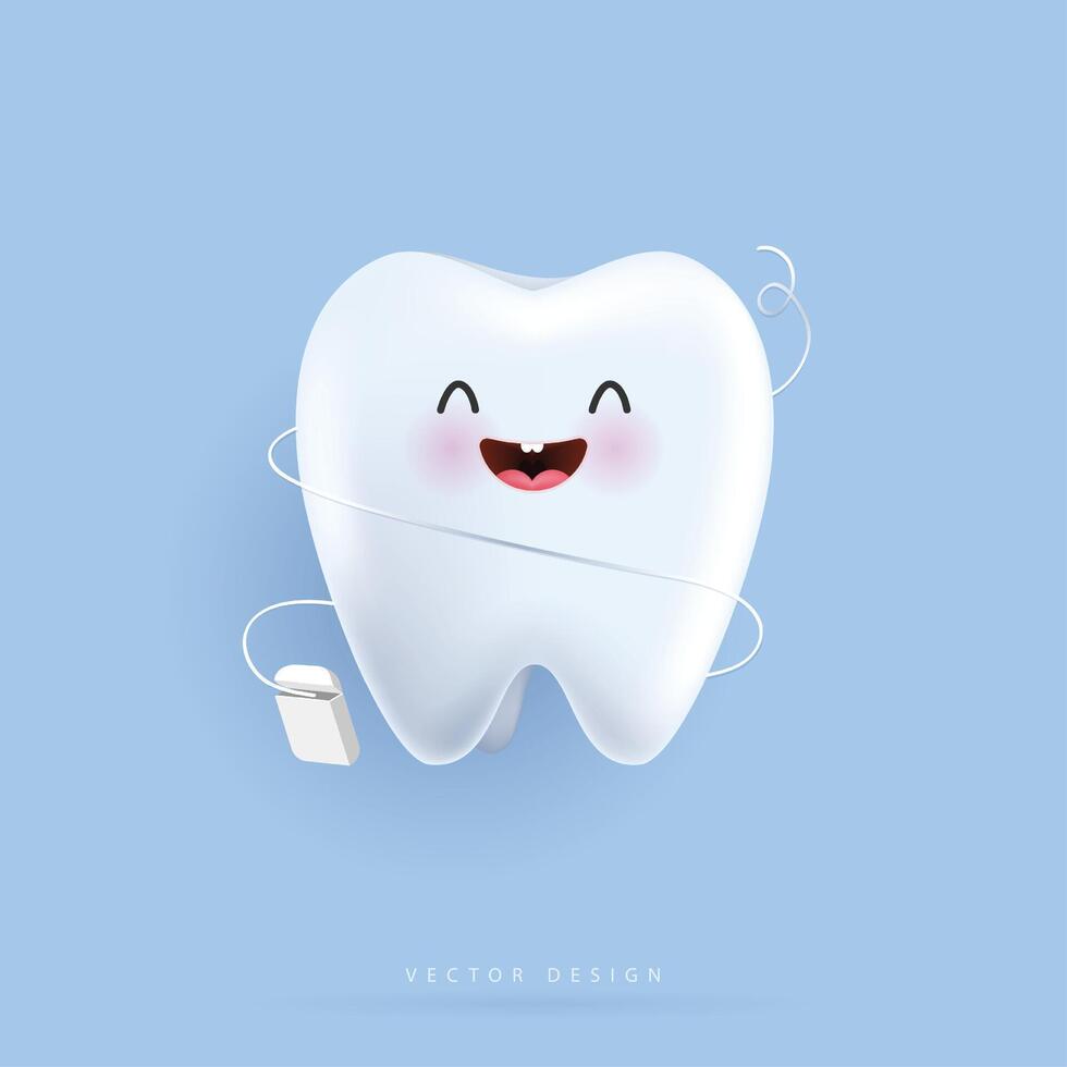 Teeth dental floss. flossing your teeth. dental health concept. can be used in children dentist clinic. medical health and dentistry concept. cartoon dental character. design. vector