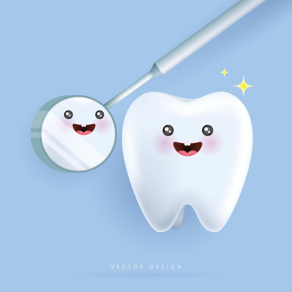 cartoon tooth character looking in dental inspection mirror. Healthy tooth metaphor. can be used in children dentist clinic. medical health and dentistry concept. cartoon dental character. . vector