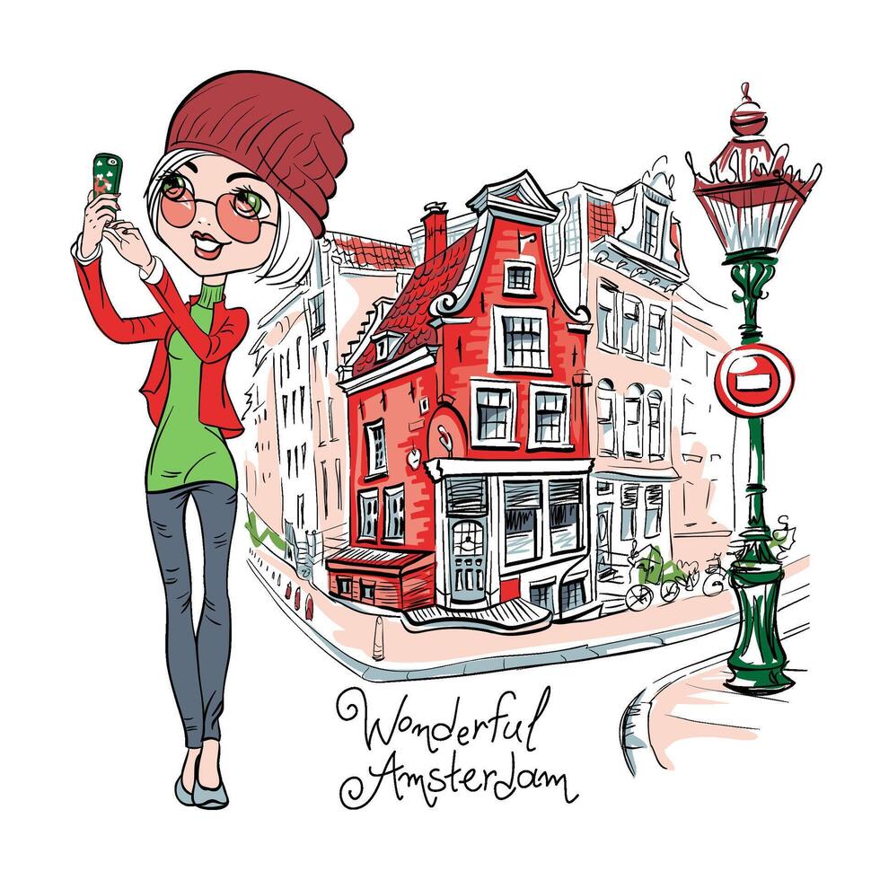 beautiful girl makes selfie in Amsterdam vector