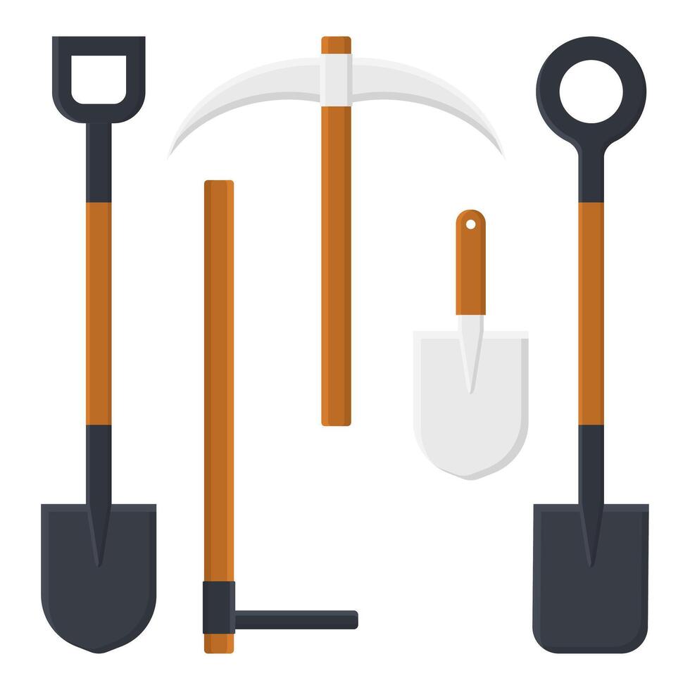 Wooden Digging Tool Collection. Wooden Ax Shovel. Simple Tool Set. vector