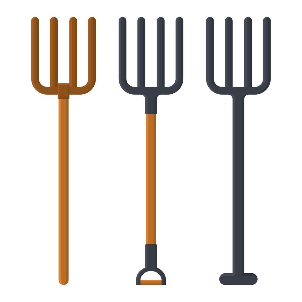 Black Wooden Pitchfork Design Collection. Garden Tools Collection. Pitchfork Icon. vector