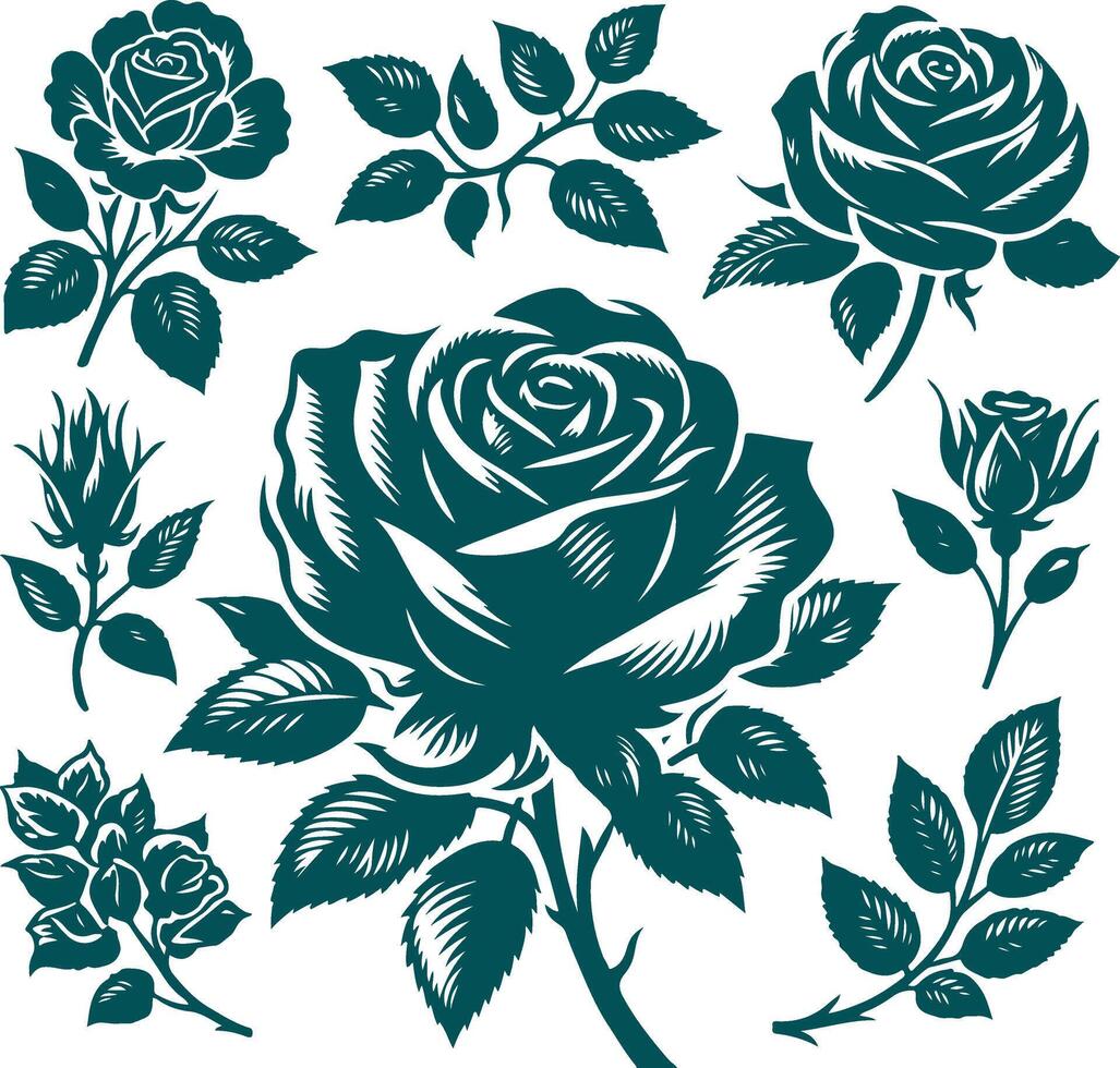 Silhouette Design of a Rose Flower with Detailed Leaves vector