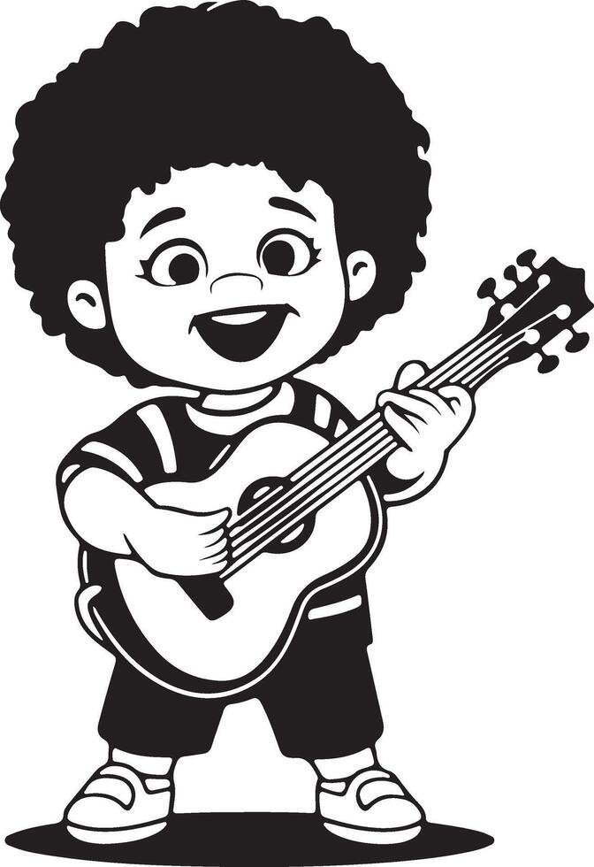 A black and white illustration of a boy playing guitar vector
