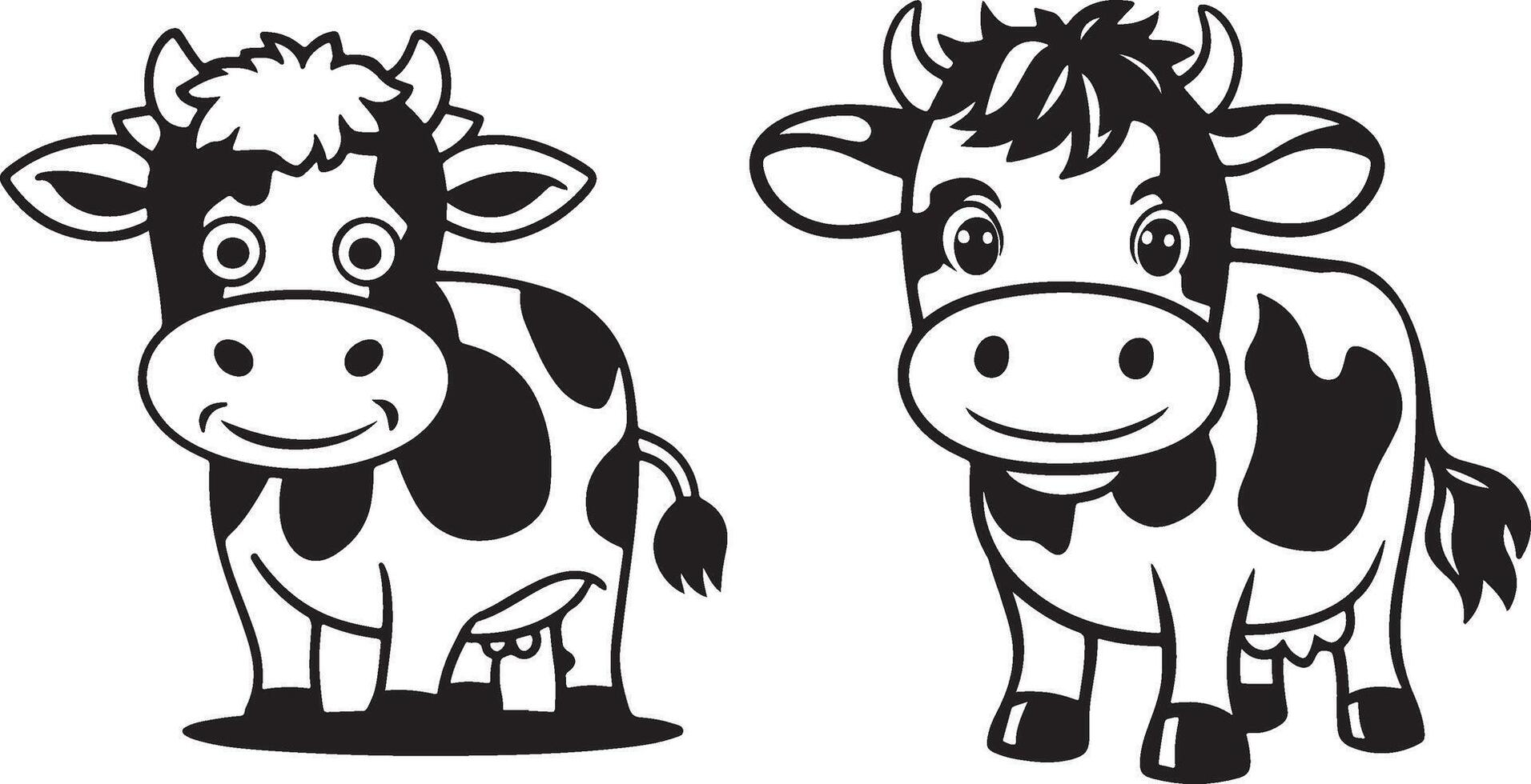 two cows are shown in black and white vector