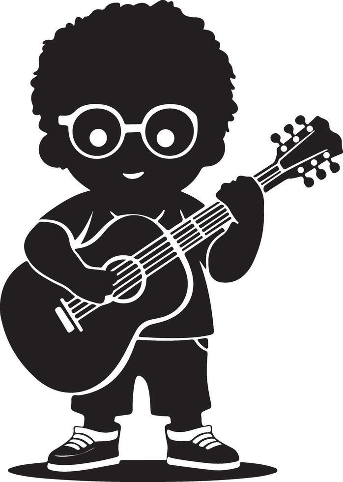 A black and white illustration of a boy playing guitar vector